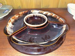 Vintage Brown Drip Glaze Lazy Susan Snack Serving Set 5 Piece