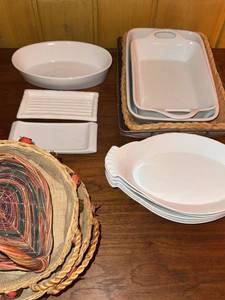 Assorted Ceramic Bakeware Serving Dishes & Decorative Baskets Lot