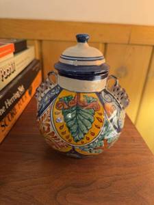 Hand Painted Talavera Style Pottery Ginger Jar w Lid Blue Multicolor