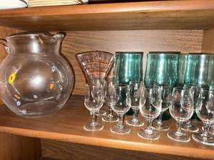 Mixed Art Glassware Lot Pitcher Vase Green Tumblers & Stemware