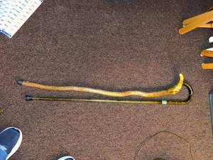 Pair of Vintage Walking Canes Wood & Woven Rattan Crook Handles