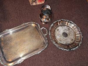 Vintage Silverplate Serving Tray Bowl & Pitcher Set Engraved Platter