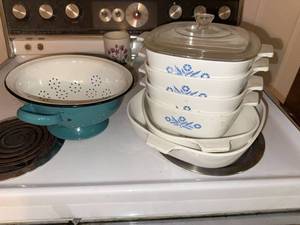 Corning Ware Blue Cornflower Casseroles & Enamel Colander Kitchen Lot
