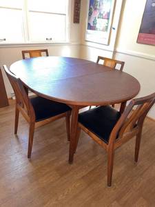 Mid Century Modern Wood Dining Table & 4 Cane Back Chairs Set