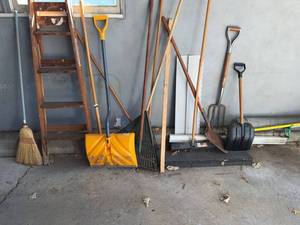 Lot of Assorted Yard & Garden Tools Step Ladder Snow Shovels Rakes