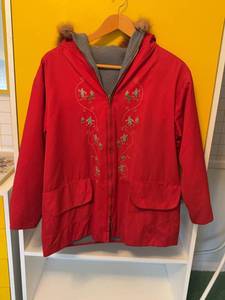 Vintage Newfoundland Parka Red Wool Lined Fur Trim Ski Embroidered