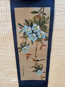 Asian Hand Painted Hanging Scroll Bird & Blue Flowers Wall Art
