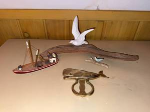 Coastal Decor Lot Wood Fishing Boat Brass Whale Opener Bird Sculptures