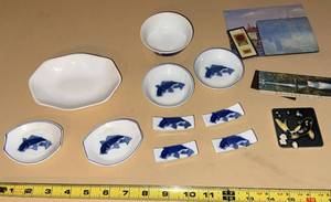 Asian Porcelain Koi Dish Assortment with Tile & Scenic Paper Ephemera