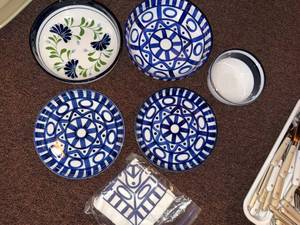 Dansk Blue White Stoneware Plates Bowls & Napkins Mixed Set