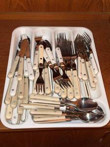 Assorted White Handle Stainless Flatware Set Knives Forks Spoons