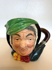 Royal Doulton England Ceramic Sairey Dickens Character Jug With Green Cap and umbrella Handle