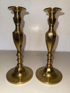 Brass-Tone Faceted Candlestick Holders - Pair