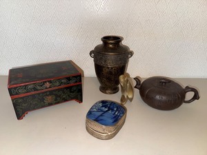 Asian Decorative Objects Mixed Lot - Lacquer Box, Vase, Teapot & Figurines