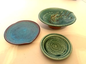 Handcrafted Blue-Green Ceramic Dish Set (Lot of 3)