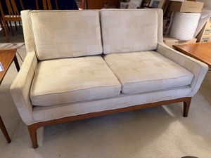 Vintage Mid Century Modern Loveseat Cream Upholstery Walnut Base