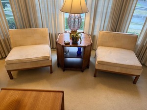 Vintage MCM Pair of Armless Upholstered Slipper Chairs Cane Back Wood Frame