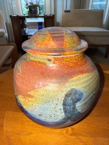 Studio Art Pottery Covered Jar Earth Tone Drip Glaze 8in