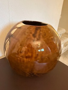 Signed Studio Pottery Globe Vase Brown Raku Style Art Ceramic 9in