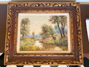 Signed Impressionist Landscape Oil Painting in Carved Wood Frame