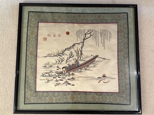 Framed Chinese Silk Embroidery River Scene Textile Wall Art