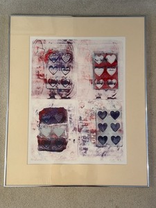 Signed Abstract Heart Motif Framed Print Wall Art by Israeli artist Did Houbara Approx 26x33