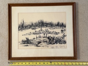 Signed Framed Black-and-White Landscape Artwork