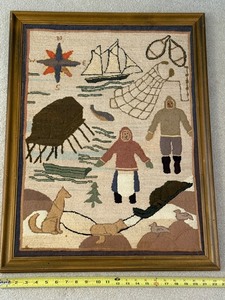 Framed Needlepoint  Folk Art from Newfoundland Nautical Outdoor Scene - Circa 1959