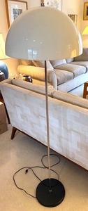 Mid Century Modern Mushroom Dome Floor Lamp with a Silver Tone Base and White Shade
