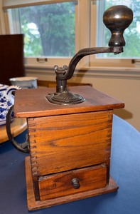 Vintage Wooden Coffee Grinder With Hand Crank and Drawer