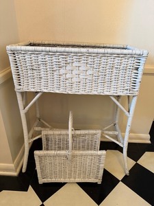 White Wicker Raised Planter Stand With Lower Baskets