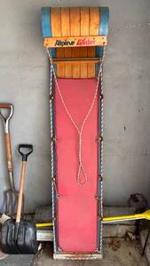 Vintage Alpine Glider Wood Toboggan Sled Red Canvas Blue Trim