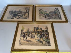 Set of 3 Vintage Framed Paris Street Scene Prints Gold Tone Frames