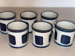 Set of 6 Blue White Speckled Stoneware Pottery Coffee Mugs Cups