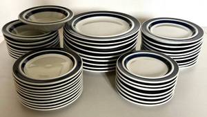 Arabia Finland Anemone Pattern Ceramic Dinnerware Set Cobalt Blue and Warm White Banded Plates Bowls