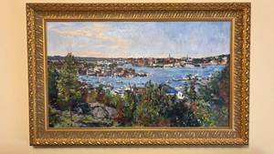 Signed Coastal Harbor Landscape Oil Painting of Gloucester, MA in Ornate Gilt Frame