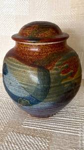 Studio Art Pottery Covered Jar Earth Tone Drip Glaze 8in