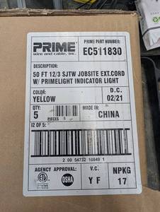 Prime EC511830 50 Ft 123 SJTW Jobsite Extension Cord With Primelight Indicator Light (Lot of 5)