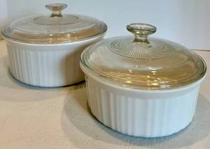Pair of Covered White Ribbed Casserole Dishes
