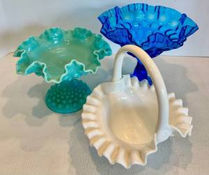 Fenton Hobnail Glass Compote Bowl and Bridal Basket Set (Lot of 3)