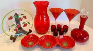 Red Glass Mixed Lot With Strawberry Plate, Vase, Decanter & Dish