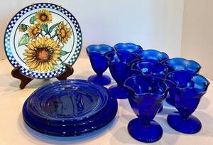 Heartland China Sunflower Plate, Blue Sundae Cups & Glass Plates Mixed Lot