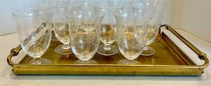 Gold Tray With Etched Glasses Set of 10
