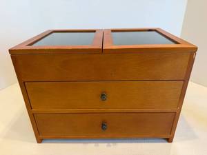Wooden Jewelry Storage Box With Glass Top, Drawers & Compartmented Interior