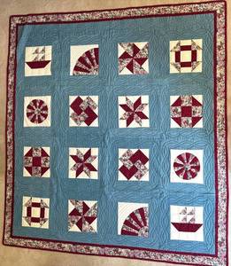 Handmade Patchwork Quilt - Blue and Wine