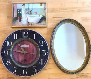 Mixed Lot Framed Wall Art, Oval Mirror & Round Clock