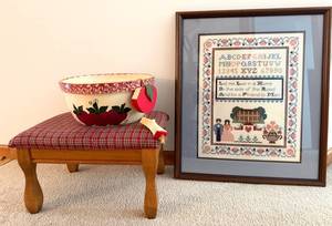 Framed Cross Stitch Sampler Folk Art with Wooden Stool