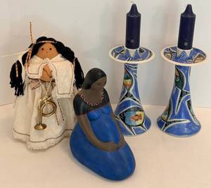 Signed Roundstone Candle Holders & Cloth Doll and Figurine (Lot of 4)