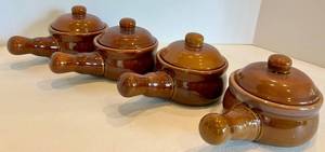 Set of 4 Brown Ceramic Handled Soup Dishes With Lids