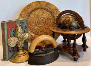 Decorative Wood Plate, Globe, Iron & Book Set Mixed Lot